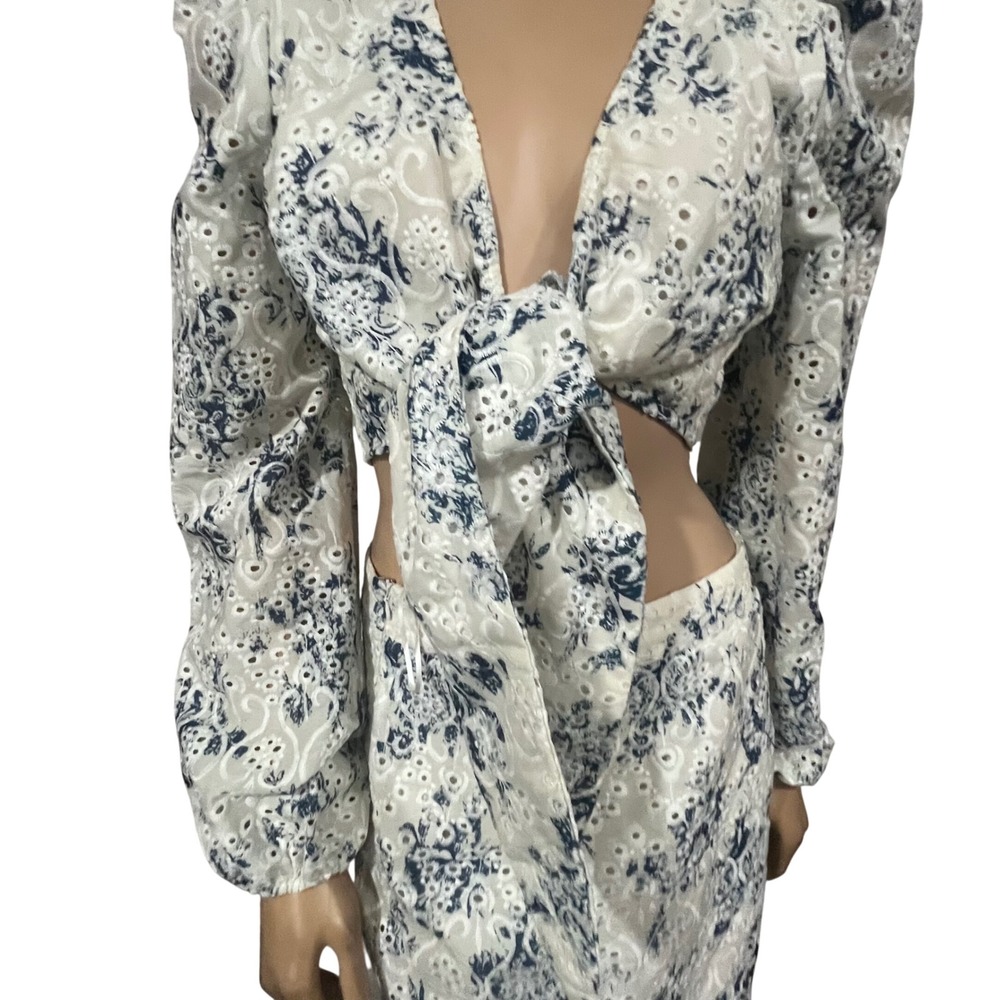 Lalavon Blue White Toile Eyelet Lace 2 Piece Set Crop Top Maxi Skirt Coquette L - Picture 5 of 9